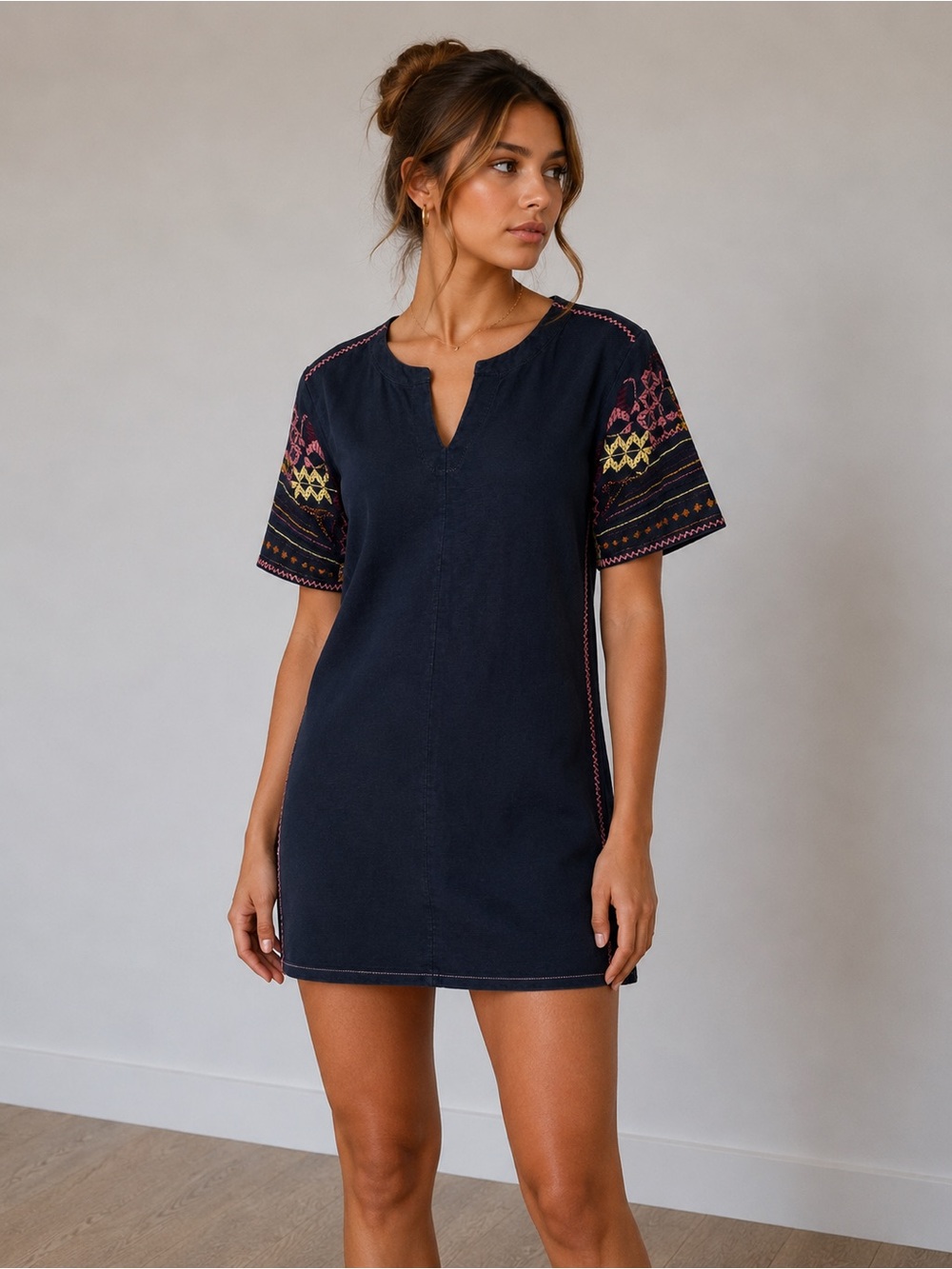 WRAP London Embroidered Cotton Tunic Dress Navy Blue Size 6‎